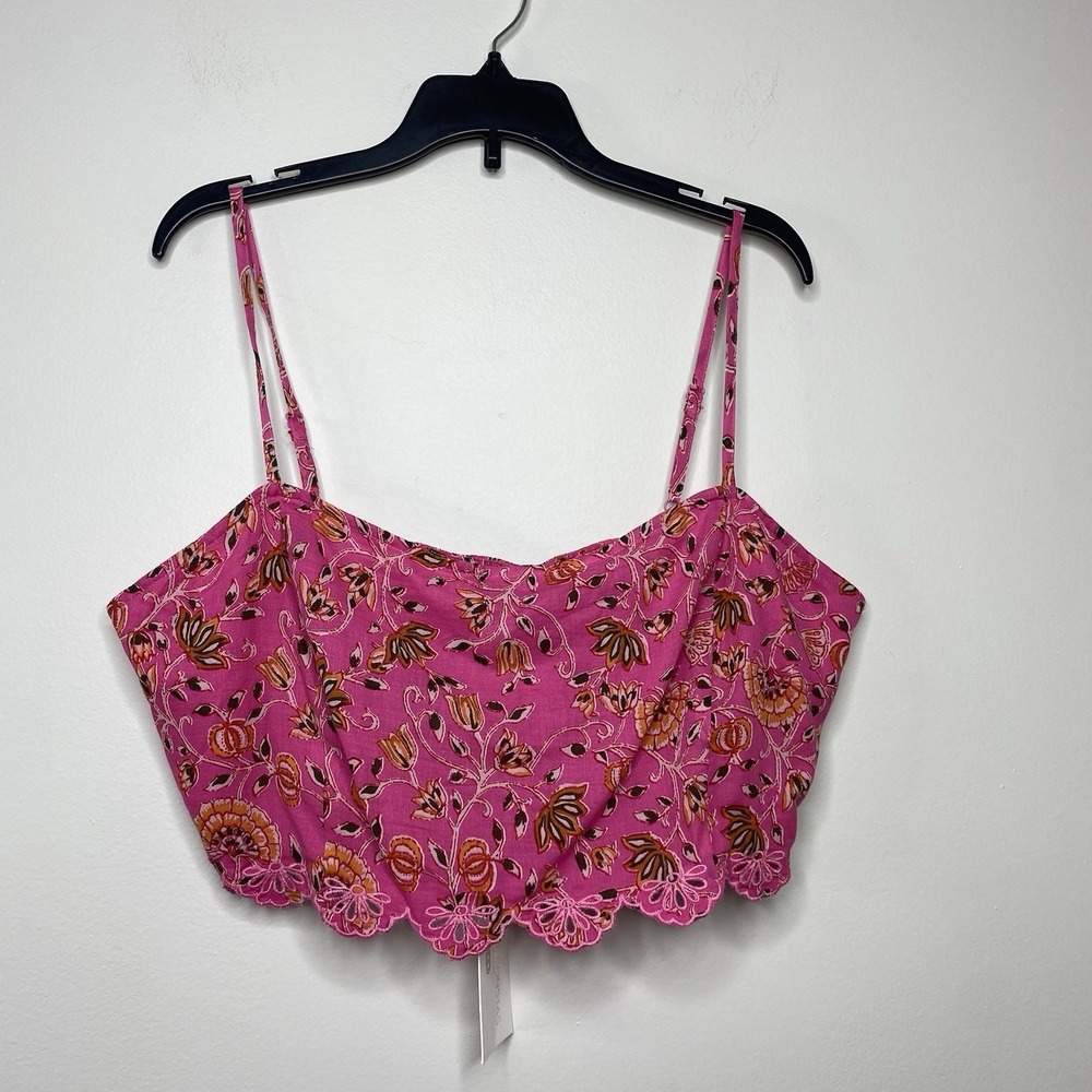 Caroline Constas Floral Crop Top Sz Large Pink Scallop Hem Boho Cottagecore‎